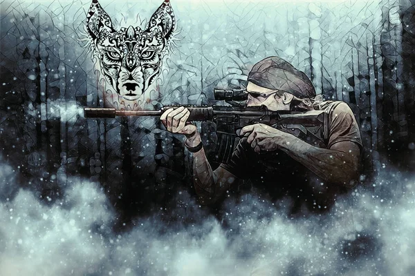 Airsoft soldat i naturen och vargen. — Stockfoto