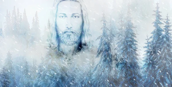Τέχνη του Ιησού και όμορφο χιονισμένο τοπίο. — Φωτογραφία Αρχείου