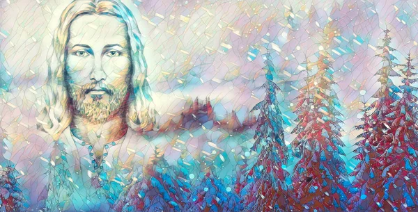 Kunst van Jezus en prachtige besneeuwde landschap, mozaïek structuur. — Stockfoto