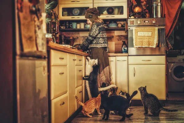 Gato y chica en la cocina . — Foto de Stock