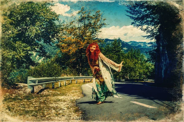 The fairy dances on a mountain road. — Stock Photo, Image