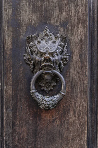 Antique Knocker on wooden Door. — стокове фото