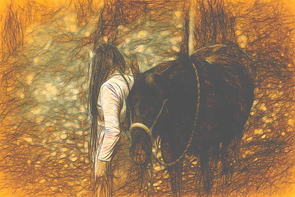 Shaman woman in autumn landscape with her horse. Painting effect. — Stockfoto