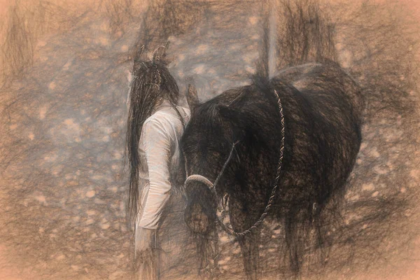 Shaman vrouw in de herfst landschap met haar paard. Schildereffect. — Stockfoto