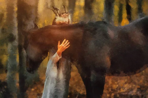 Shaman woman in autumn landscape with her horse. Painting effect. — Foto Stock