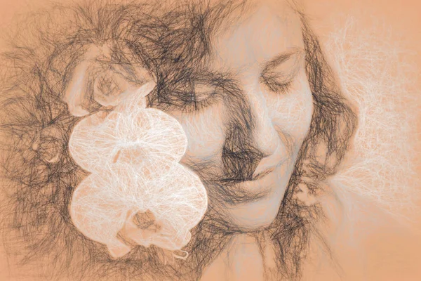 Junge Frau riecht eine schöne Blüte und zeichnet ein Bild. — Stockfoto