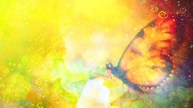 Kozmik uzayda Cala çiçeğiyle uçan kelebek. Boyama ve grafik tasarımı.