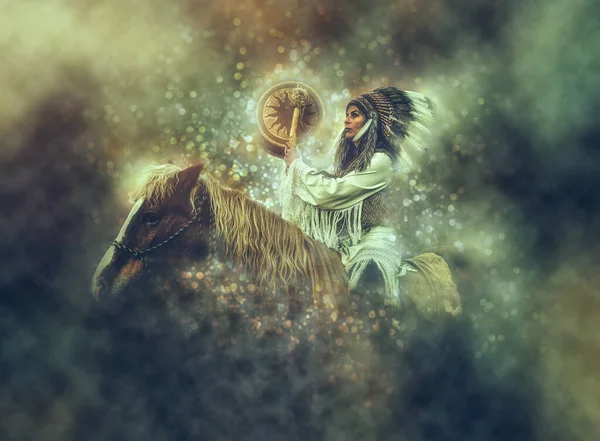 Šaman žena v krajině se svým koněm. Malířský efekt. — Stock fotografie