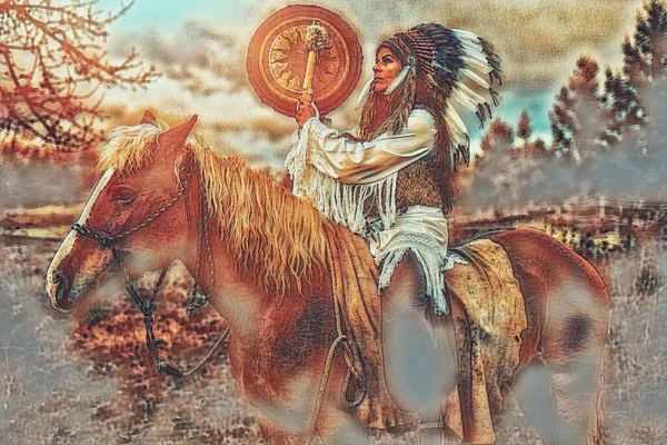 Shaman woman in landscape with her horse. Painting effect. — Stock Photo, Image