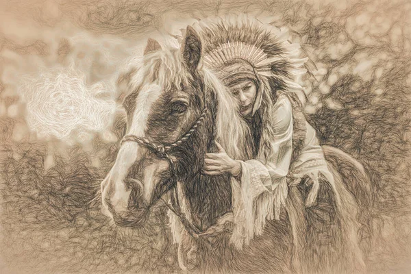 Šaman žena v krajině se svým koněm a kreslení efektivní. — Stock fotografie