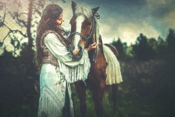 Chamán mujer en el paisaje con su caballo. Efecto de pintura. — Foto de Stock