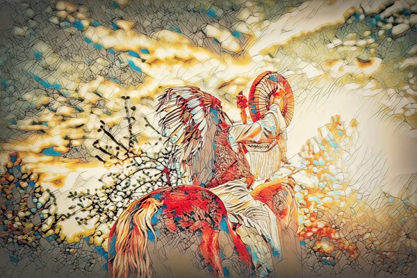 Shaman woman in landscape with her horse and mosaic structure. — Stock Photo, Image