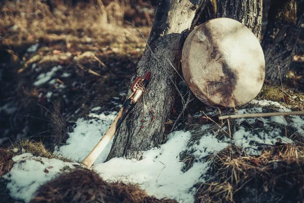 Şaman davul ve flüt ormanda ağaçta. Kış manzarası. — Stok fotoğraf