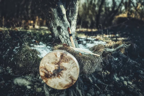 Bęben szamana i flet w lesie na drzewie. Krajobraz zimowy. — Zdjęcie stockowe