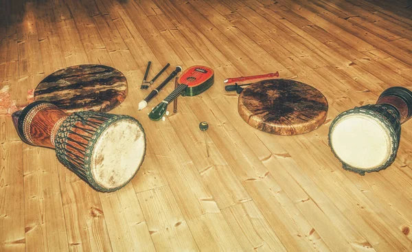 Музичні інструменти на дерев'яній підлозі . — стокове фото