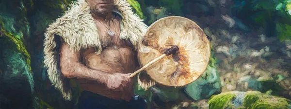 Šamanský muž v přírodě, malířský efekt. — Stock fotografie