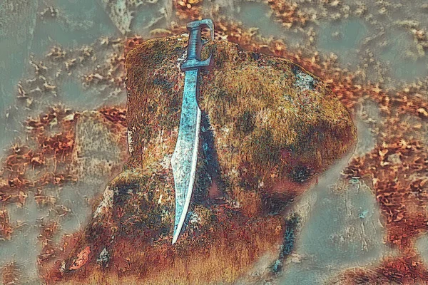 Épée Magyc sur un rocher de mousses en forêt. Effet peinture. — Photo