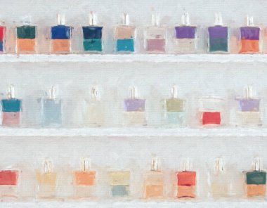 Group of color glass cosmetic bottles. Painting effect.