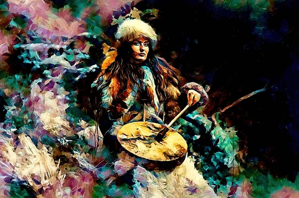 Bela garota xamânica jogando no tambor quadro xamã na natureza e estrutura em mosaico. — Fotografia de Stock