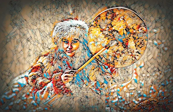 Belle fille chamanique jouant sur le tambour chaman cadre dans la nature et la structure de la mosaïque. — Photo