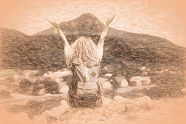 Happy woman hiker on a top of a mountain. Drawing effect. — Stock fotografie