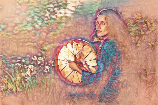 Bela garota xamânica jogando no tambor quadro xamã na natureza. Efeito de pintura. — Fotografia de Stock