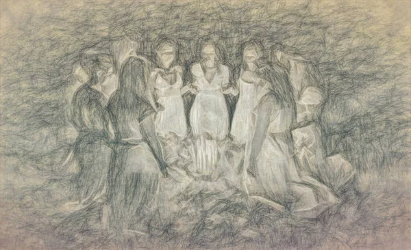 Gece Seremonisindeki Kadınlar Seremoni Alanı Çizim Efekti — Stok fotoğraf