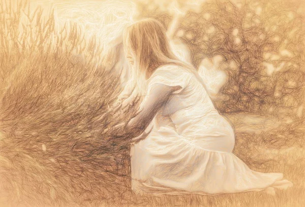 Woman Collect Lavender Woman Lavender Field Drawing Efect — Stockfoto