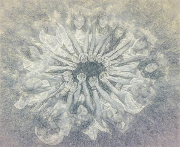 Women Flower Wreath Symbol Summer Solstice Drawing Efect — Stockfoto