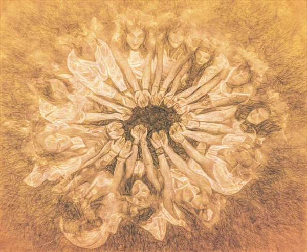 Women Flower Wreath Symbol Summer Solstice Drawing Efect — 스톡 사진