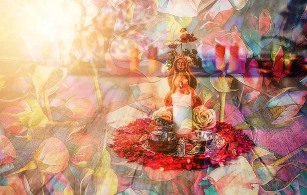 Belo Altar Com Pétalas Rosa Seios Deusa Espaço Cerimonial — Fotografia de Stock