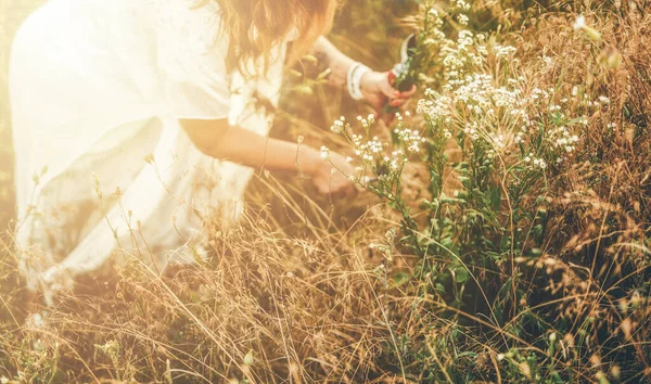 Woman Collects Beautiful Spring Flowers Summer Day — Stockfoto