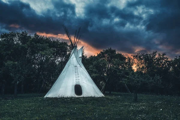 White Teepee Indian Tent Standing Beautiful Landscape — стоковое фото