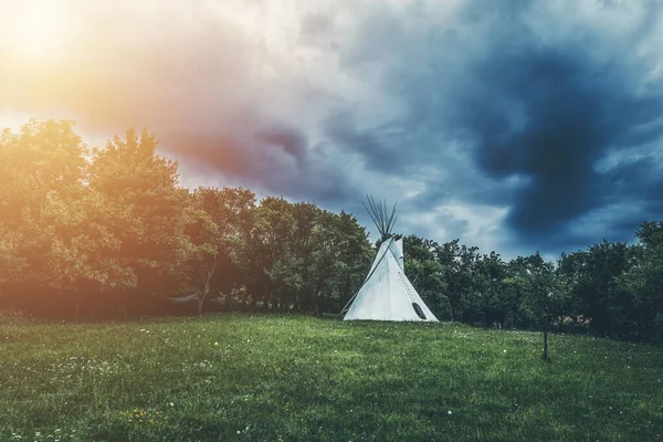 White Teepee Indian Tent Standing Beautiful Landscape — стоковое фото