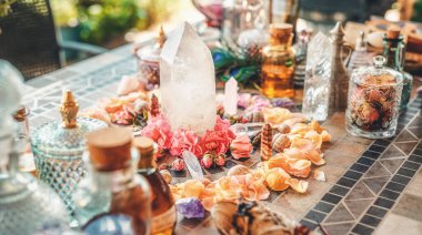 beautiful altar with crystals and rose flowers
