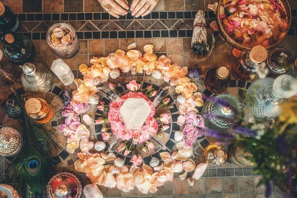 beautiful altar with crystals and rose flowers
