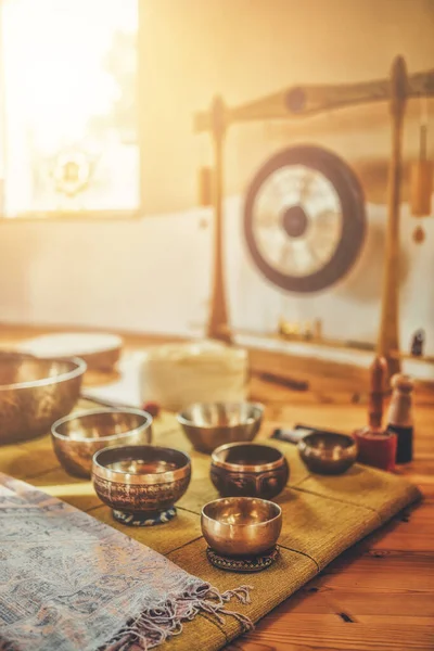 beautiful tibetan bowl and gong , ceremonial space