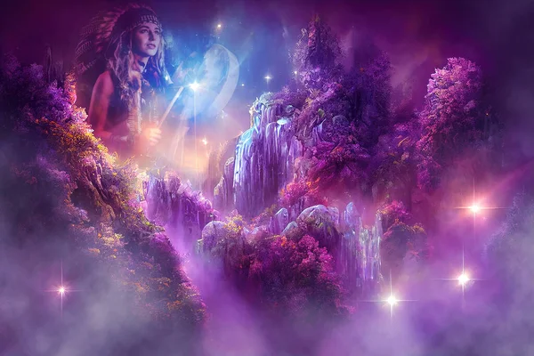 Beautiful Mystical Landscape Shaman Woman Crystal Waterfall Beautiful Purple Forest — Stock Photo, Image