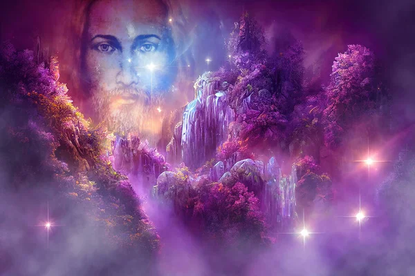 Beautiful mystical landscape and Jesus face with a crystal waterfall and a beautiful purple forest in the cosmic space