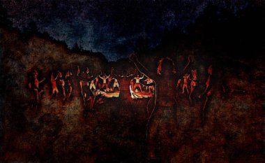 Erkekler gece ateş başında dans eder, adam töreninde