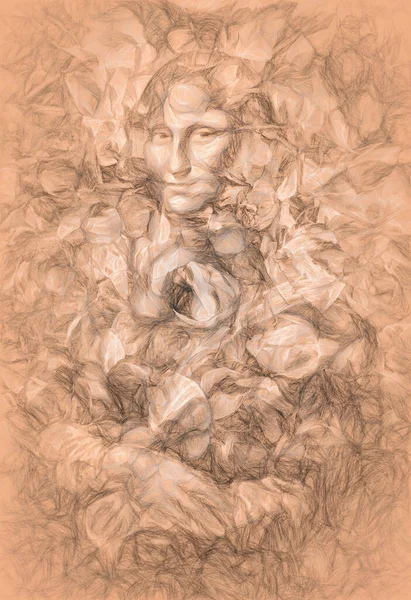 莱昂纳多 芬奇在玫瑰花瓣中再现蒙娜丽莎与绘画效果 — 图库照片
