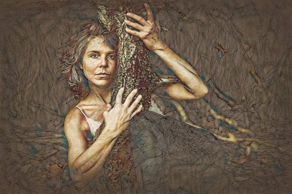 Sexig Kvinna Som Del Trädet Målningseffekt — Stockfoto