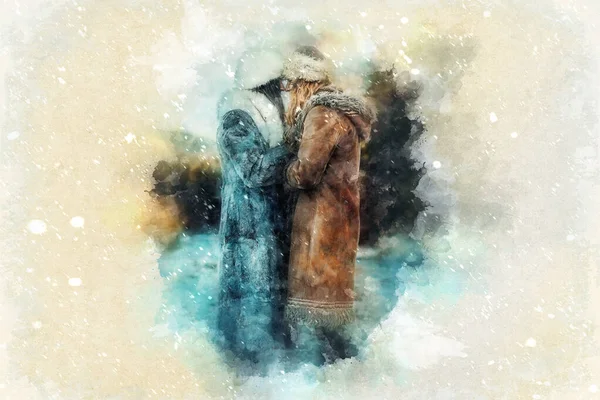 两个萨满女人在大自然中 冬天的风景 绘画效果 — 图库照片