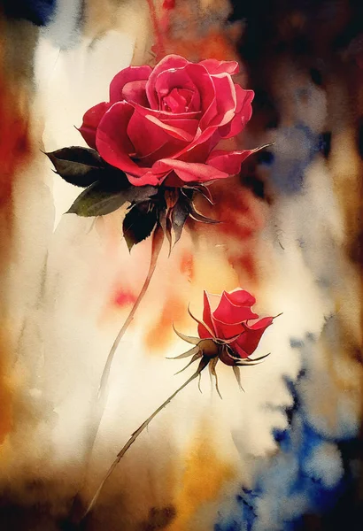 Tło Piękną Czerwoną Różą Akwarelową Tło Kwiatów — Zdjęcie stockowe
