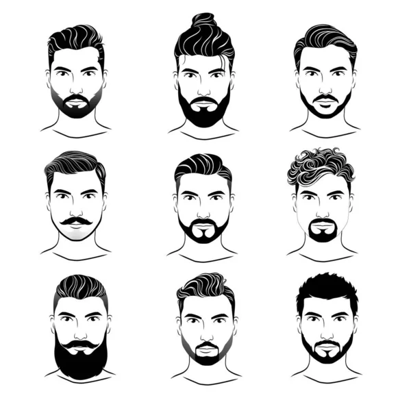 Набір Чоловічих Різних Зачісок Бороди Білому Тлі Колекція Чорних Силуетів — стоковий вектор