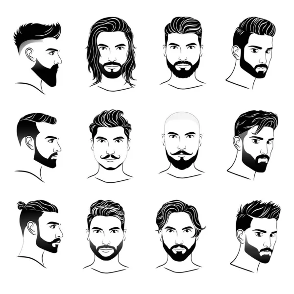 Набір Чоловічих Різних Зачісок Бороди Білому Тлі Колекція Чорних Силуетів — стоковий вектор