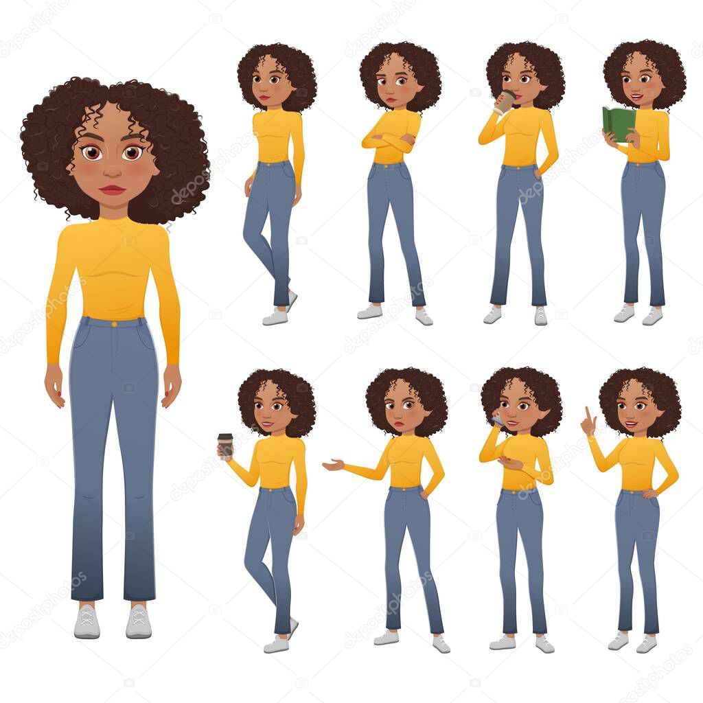 Beautiful young african woman in casual style clothes,set in different poses Vector illustration.