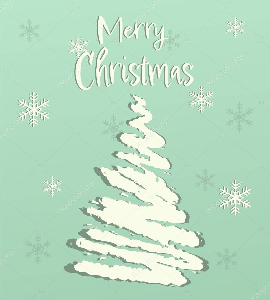 Greeting Green Christmas card with snowflake and hand-drawn christmas tree.Vector retro illustration
