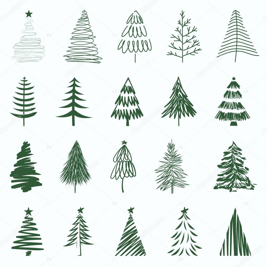 Set of hand-drawn sketch Christmas and New Year tree. Vector illustration.