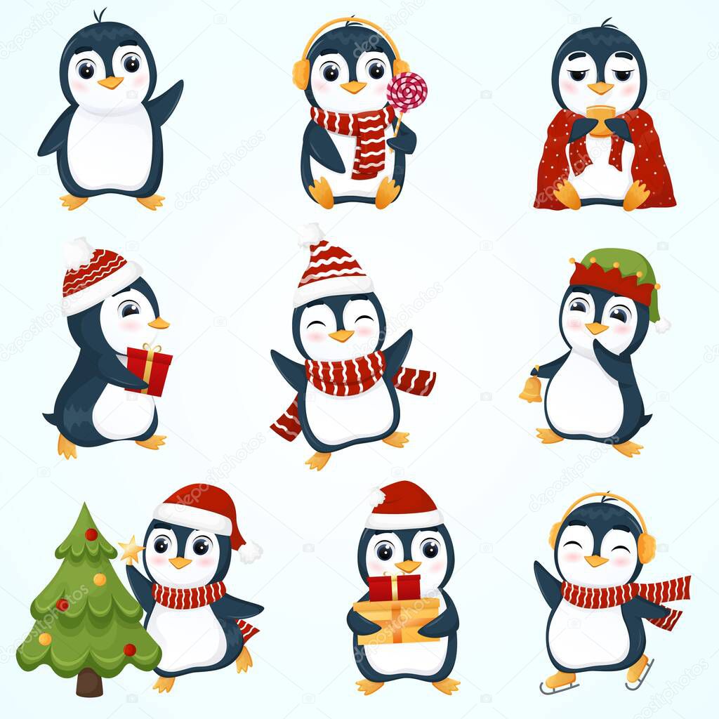 Set of funny penguins.Vector illustration.